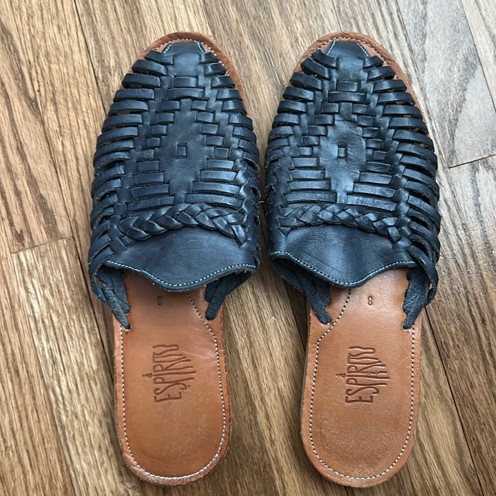 Espiritu Navy Blue Woven Leather Huarache Mules Slide Sandals Handmade 8